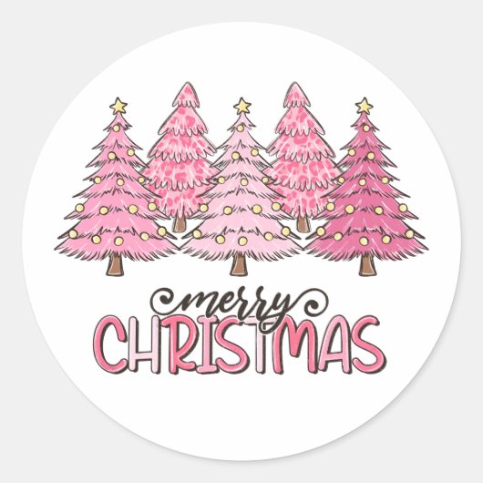 Roze vrolijk kerstfeest ronde sticker (Voorkant)