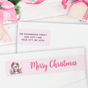 Roze Vrolijk Kerstfeest Schattige Pinguïn Adres