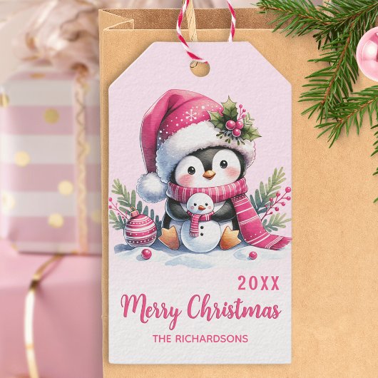 Roze Vrolijk Kerstfeest Schattigee Pinguïn Geperso Cadeaulabel