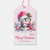 Roze Vrolijk Kerstfeest Schattigee Pinguïn Geperso Cadeaulabel (Voorkant)