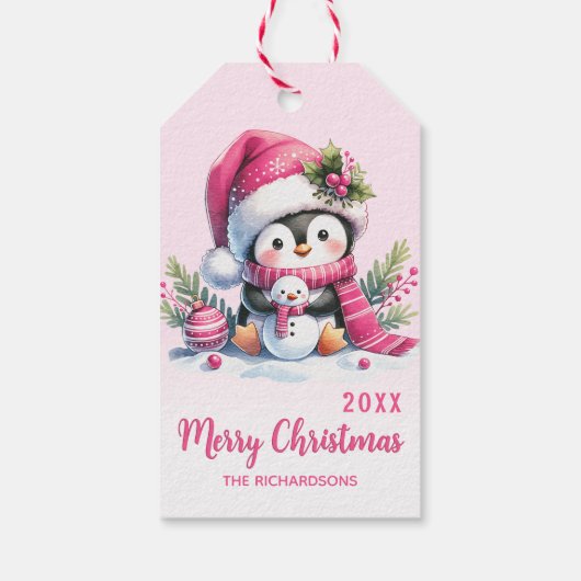 Roze Vrolijk Kerstfeest Schattigee Pinguïn Geperso Cadeaulabel (Achterkant)
