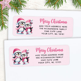 Roze Vrolijk Kerstfeest Schattigee Schaatspinguïns Etiket