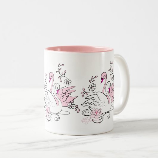 Roze vrouw met Witte zwaan Tweekleurige Koffiemok (Voorkant rechts)