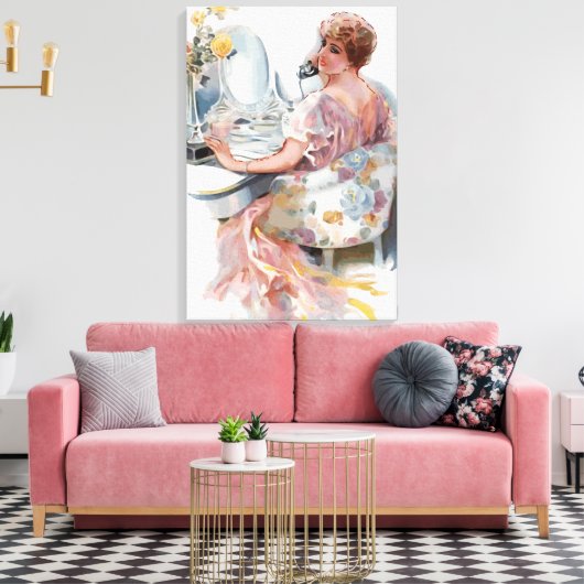 Roze  vrouw Waterverf Trend Portret Canvas Afdruk (Insitu (Woonkamer))