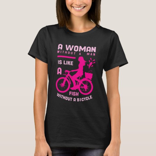 Roze Vrouw Zonder man Als Vis Fietsfeministe T-shirt (Voorkant)
