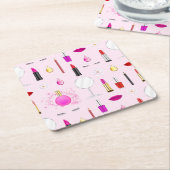 Roze vrouwelijk make-uppatroon kartonnen onderzetters (Schuin)