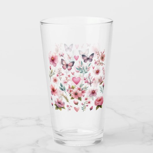 Roze vrouwelijke bloemen en vlinders glas (Achterkant)