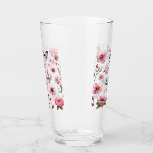 Roze vrouwelijke bloemen en vlinders glas (Links)