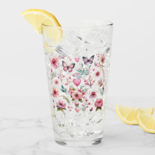 Roze vrouwelijke bloemen en vlinders glas (Voorkant ijs)