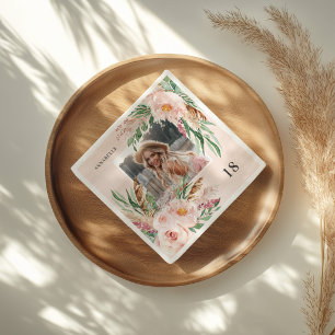 Roze vrouwelijke moderne elegante boho bloemenfoto servet