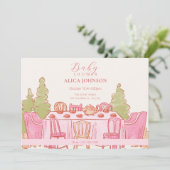 Roze vrouwelijke pastel tea party baby shower kaart (Staand voorkant)