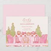 Roze vrouwelijke pastel tea party baby shower kaart (Voorkant / Achterkant)