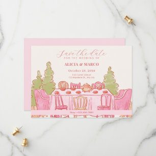 Roze vrouwelijke pastel theepartij bruiloft save the date