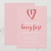 Roze Vrucht Bes Eerste Verjaardagsuitnodiging Kaart (Voorkant / Achterkant)