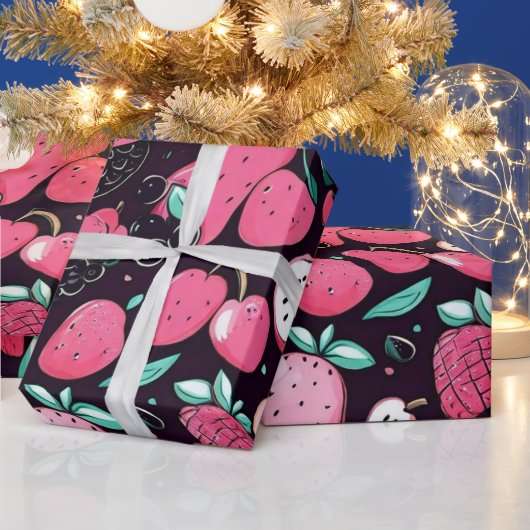 Roze vruchten zwart decor cadeaupapier (Feestdagen)