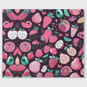 Roze vruchten zwart decor cadeaupapier (Vlak)