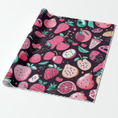 Roze vruchten zwart decor cadeaupapier (Uitgerold)