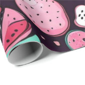 Roze vruchten zwart decor cadeaupapier (Rol Hoek)