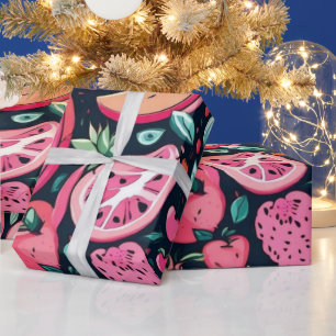 Roze vruchten zwart decor cadeaupapier
