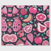 Roze vruchten zwart decor cadeaupapier (Vlak)