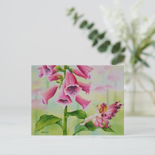 Roze vuil op Foxglove Flower Waterverf Art Briefkaart (Staand voorkant)