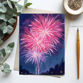 Roze Vuurwerk | Gelukkig Nieuwjaar Waterverf Briefkaart