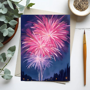 Roze Vuurwerk Gelukkig Nieuwjaar Waterverf Briefkaart