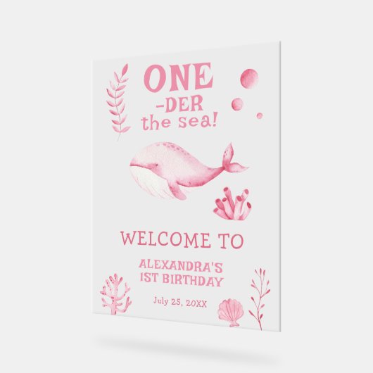 Roze Walvis 1e Verjaardag Onder de zee Acryl Bord (Hoek)