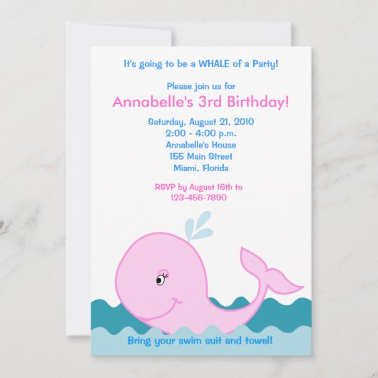Roze Walvis 5x7 Verjaardagsuitnodiging Kaart (Voorkant)