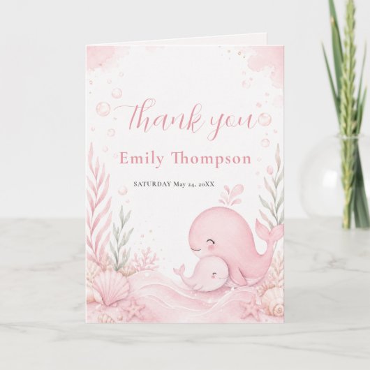Roze Walvis Baby Shower Bedankkaart (Voorkant)