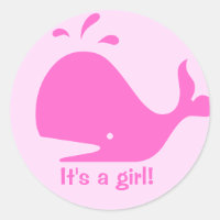 Roze walvis cartoon stickers voor baby showers.