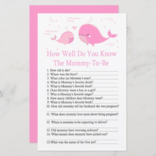 Roze walvis Hoe goed ken je het baby shower spel? (Voorkant / Achterkant)