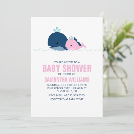Roze Walvis Meisje Baby shower Kaart (Staand voorkant)