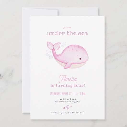 Roze Walvis Meisje Onder het Zee Verjaardagsuitnod Kaart (Voorkant)