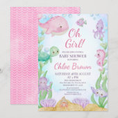 Roze Walvis Meisjes Onder het Zee Baby shower Kaart (Voorkant / Achterkant)