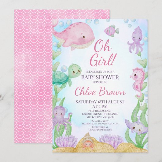 Roze Walvis Meisjes Onder het Zee Baby shower Kaart (Voorkant / Achterkant)