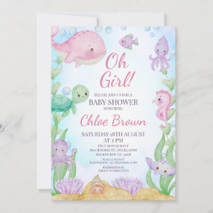 Roze Walvis Meisjes Onder het Zee Baby shower Kaart