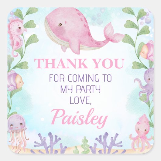 Roze Walvis Meisjes Onder het Zee Verjaardag Stick Vierkante Sticker (Voorkant)