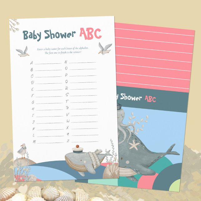 Roze Walvis Na Baby Shower ABC Namen Spel (Pink Nautical Whale Baby Shower ABC Names Game ©Susanne Sachers - Sunny Mind Design 🌞)