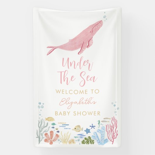 Roze walvis onder het Zee Baby shower Welkom Spandoek (Verticaal)