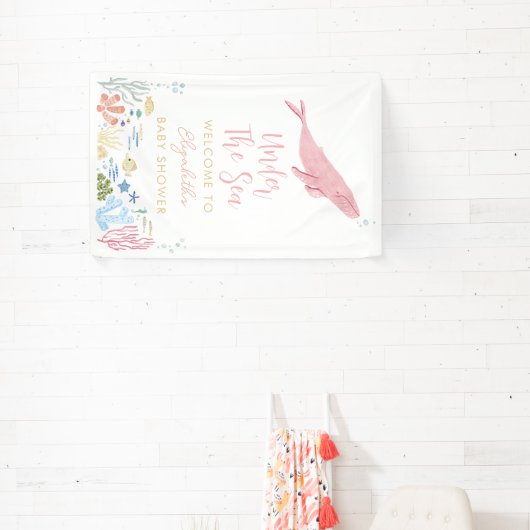 Roze walvis onder het Zee Baby shower Welkom Spandoek (Insitu)