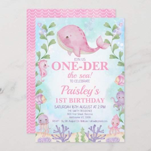 Roze Walvis Onder het Zee Meisjes 1e Verjaardag Kaart (Voorkant / Achterkant)