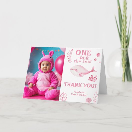 Roze Walvis Oneder De Zee 1e Verjaardag Bedankkaart (Voorkant)
