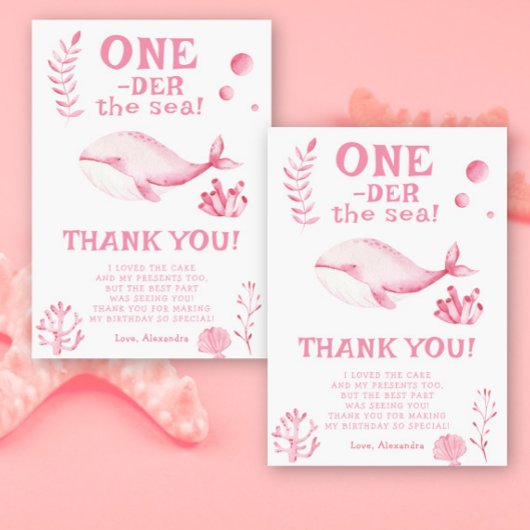 Roze Walvis Oneder De Zee 1e Verjaardag  Bedankkaart