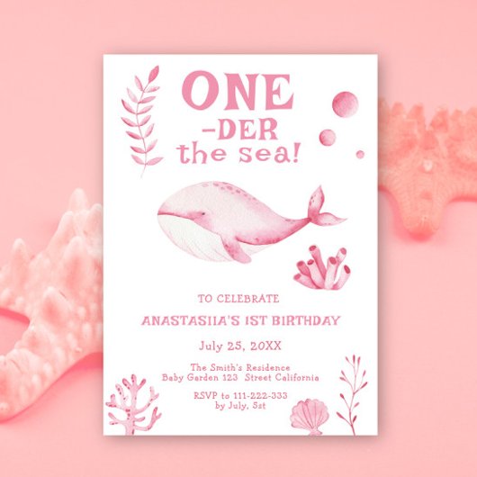 Roze Walvis Oneder De Zee 1e Verjaardag Kaart