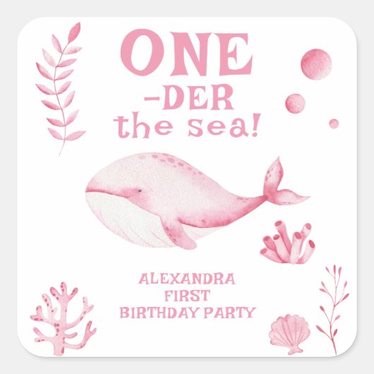 Roze Walvis Oneder De Zee 1e Verjaardag Vierkante Sticker (Voorkant)