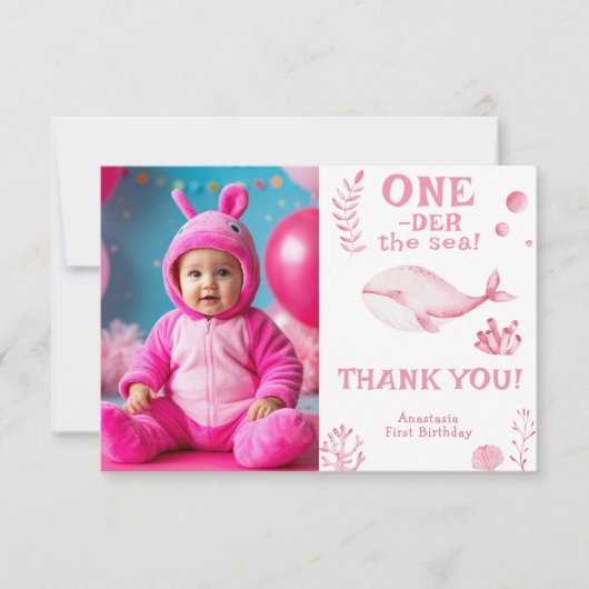 Roze Walvis Oneder Zee 1e Verjaardag  Bedankkaart (Voorkant)