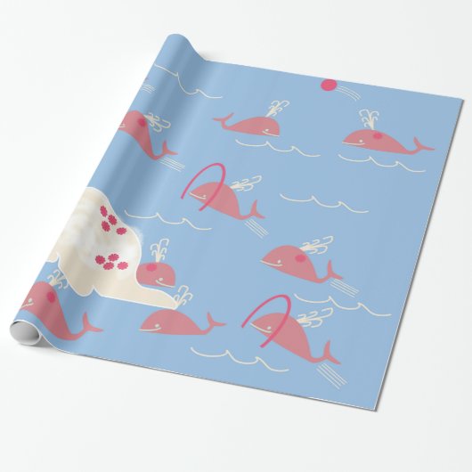 Roze walvis spelen in blauwe oceaan schattig kinde cadeaupapier (Uitgerold)