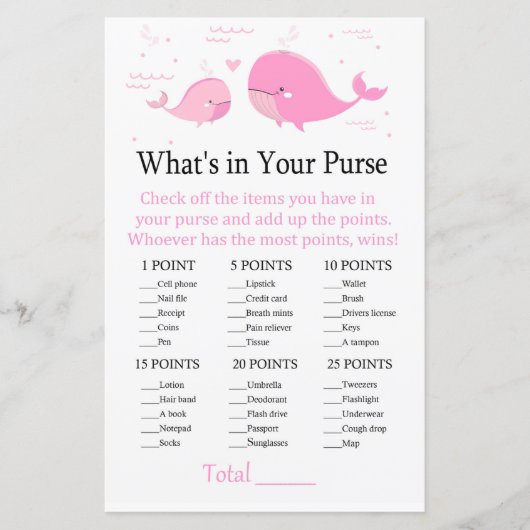 Roze walvis Wat zit er in je handtas? (Voorkant)