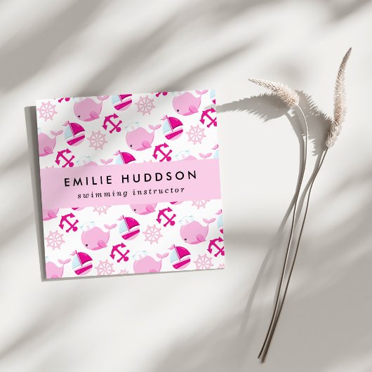 Roze walvissen, zweminstructeur, zwemcoach vierkante visitekaartje